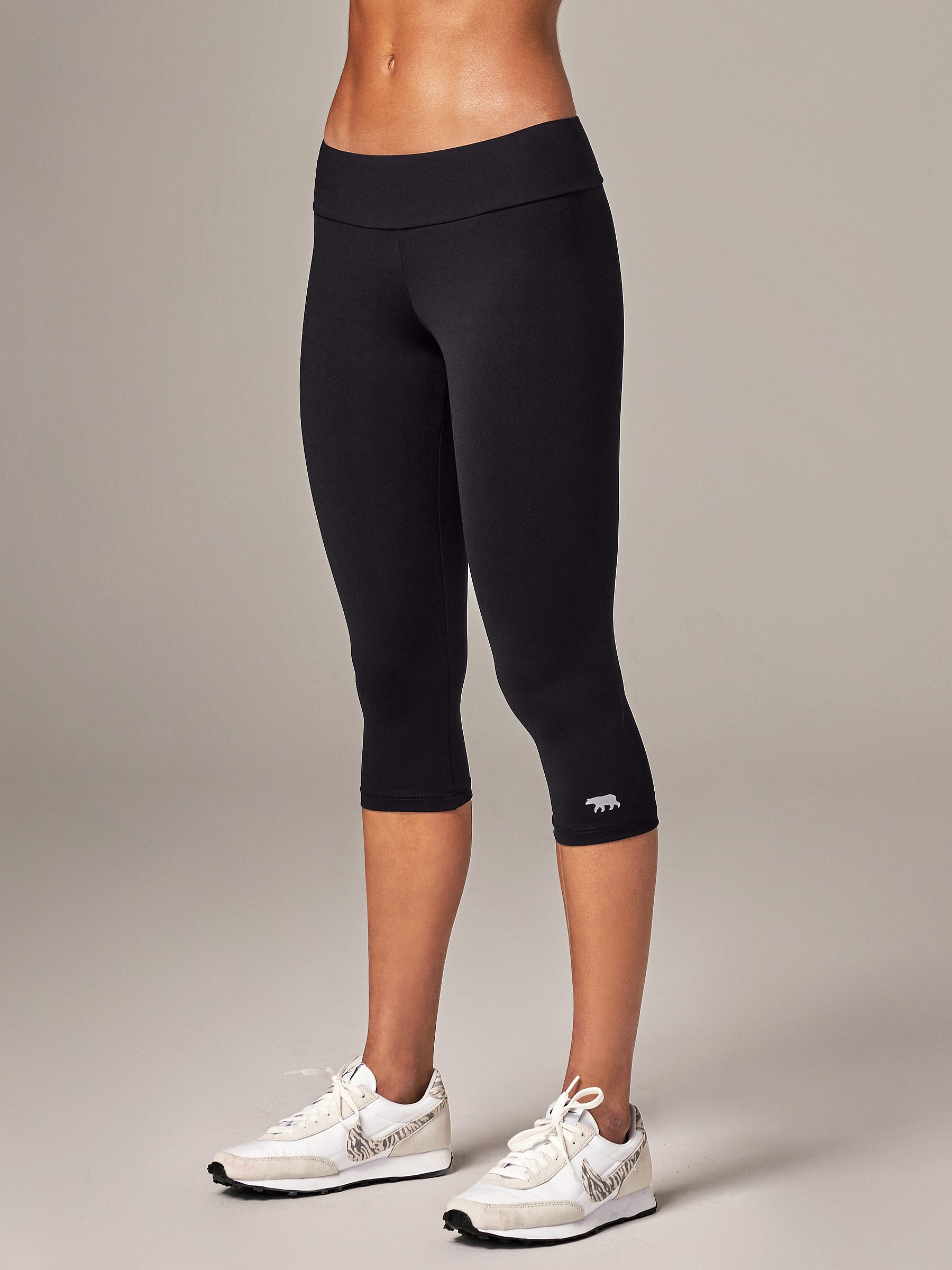 Womens Black High-Rise 3/4 Tights. Running Bare Activewear.